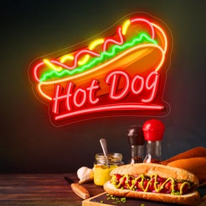 Hot Dog Neon Sign Custom, Fast Food Neon Sign, Hot Dog Shop Restaurant Led Neon Light,Home Wall Decor Business Sign Decor UV Print Neon Sign