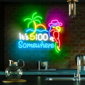 It&#39;s 5 o&#39;clock Somewhere Neon Sign Custom Bar Sign, Parrot Coconut Tree Led Sign Neon Bar Sign, Beach Neon Sign Outdoor, Cocktail Neon Sign