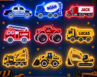 Könnte beinhalten: Eine Sammlung von neun wandmontierten LED-Leuchtreklamen in Form verschiedener Bau- und Einsatzfahrzeuge, darunter ein Polizeiauto, ein Betonmischer, ein Sattelschlepper, ein Feuerwehrauto, ein Monstertruck, ein Muldenkipper, ein Kran, ein Radlader und ein Bagger.
