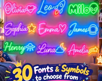 Könnte beinhalten: Anpassbare Neon-Schilder mit Namen wie Olivia, Leo, Milo, Sophia, Emma, James, Henry, Luna und Amelia in verschiedenen Farben und Schriftarten. Jedes Schild enthält weltraumbezogene Symbole wie Raketen, Herzen, Sterne, Aliens und Planeten.