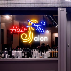 Placa de neon para salão de cabeleireiro, decoração com logotipo para salão de cabeleireiro, decoração de parede com tesoura, placa de LED para barbearia, sinalização personalizada para loja, placa de acrílico iluminada