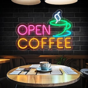 Placa de neon para café, placa de neon aberta para café, luz neon para café, decoração de parede para placa de neon para xícara de café, placa de neon para café, placa de café, placa de neon para bar