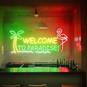 Placa de neon "Bem-vindo ao Paraíso", placa de neon para bar personalizado, placa de neon para bar aberto, placa para bar de coquetéis e tequila, placas de cerveja de praia, decoração de pub em caverna masculina