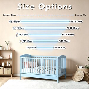 K&ouml;nnte beinhalten: Eine Gr&ouml;&szlig;entabelle f&uuml;r individuelle Leuchtreklamen mit f&uuml;nf hellblauen horizontalen Linien, Ma&szlig;en von 40 cm bis 116 cm und Zeichenbegrenzungen von 6 bis 24. Der Text lautet Size Options, Custom Sizes und Contact Me.