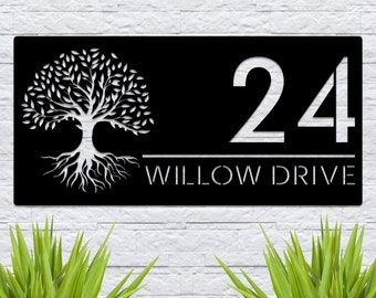 Custom Address Metal Sign, House Number Sign, Metal Address Number Sign, Tree Address Sign, Metal House Numbers, Modern Address Number Sign