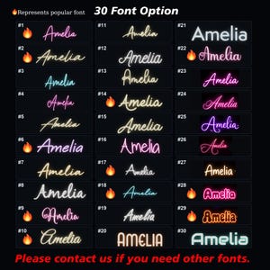 K&ouml;nnte beinhalten: Eine &Uuml;bersicht von 30 Schriftarten f&uuml;r den Namen Amelia, mit verschiedenen Neon-Schriftz&uuml;gen und Typografien in Farben wie Pink, Blau, Wei&szlig;, Gelb und Lila. Ein Flammen-Emoji markiert beliebte Schriftarten, und der Text lautet 30 Font Option.