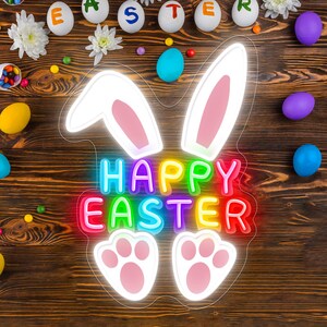 Letrero de neón de Feliz Pascua, regalo de Pascua, arte de neón para dormitorio, decoración de Pascua, decoración de pared, letrero de conejito de Pascua, regalo personalizado