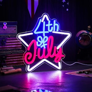 Letreiro de neon de 4 de julho, luz neon americana, letreiro de neon personalizado, luz LED patriótica vermelha, branca e azul, arte de parede personalizada dos EUA, decoração do Dia da Independência