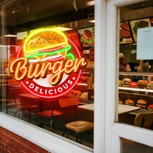 バーガーネオンサインカスタム、ネオンハンバーガーライト、ネオンバーガーLEDライト、ネオンファーストフードサイン、ネオンフードサイン、LEDネオンバーショップレストランサイン