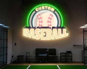 Letrero de neón de béisbol con nombre personalizado para niños. Letrero de neón con nombre personalizado para niños. Idea de regalo de cumpleaños de béisbol para adolescentes. Decoración de pared para habitación.