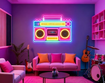 Retro Radio Neon Sign: 80s Music Studio Decor, LED Light, Music Neon Sign, Retro Boombox Sign, Gift for Music Lover, Boombox Neon Wall Decor