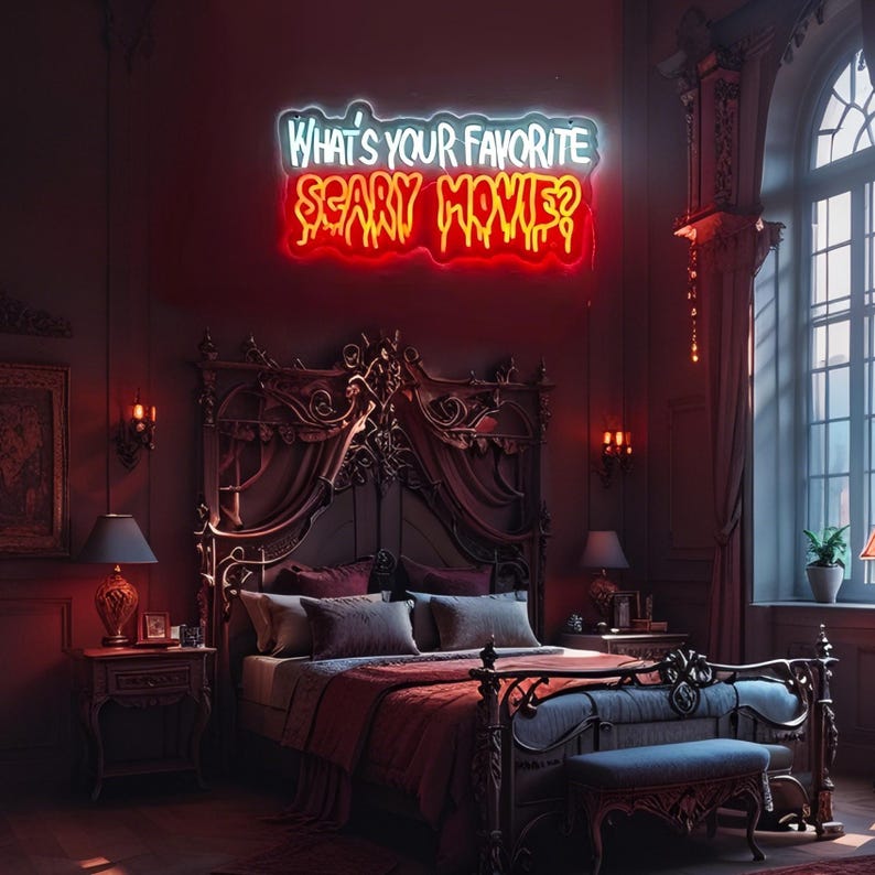 Jaki jest Twój ulubiony neon z filmami grozy? Pokój z filmami grozy. Dekoracje gotyckie. Prezent z filmem grozy. Dekoracje z motywem horroru. Dekoracje z motywem mrocznej sztuki. zdjęcie 2