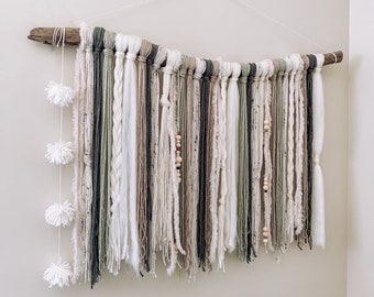 Macrame Yarn Wall Hanging Decor - Sage Green Neutral - Home - Living Room Bedroom - Boho Modern Hippie Cottagecore Style