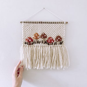Woven Embroidered Wall Hanging Decor - Hippie Groovy Boho Style - Handmade Mushroom Design - Hippie & Fringe