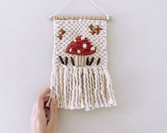 Woven Embroidered Wall Hanging Decor - Mushroom Boho Groovy Style - Handmade Art