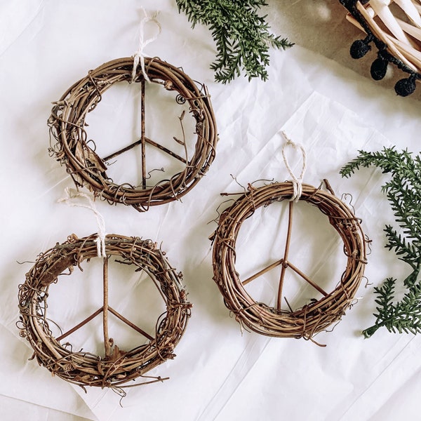 Peace Sign Christmas Ornament - Wreath - Neutral - Hippie Boho Style - Xmas Tree Decor - Hippie & Fringe