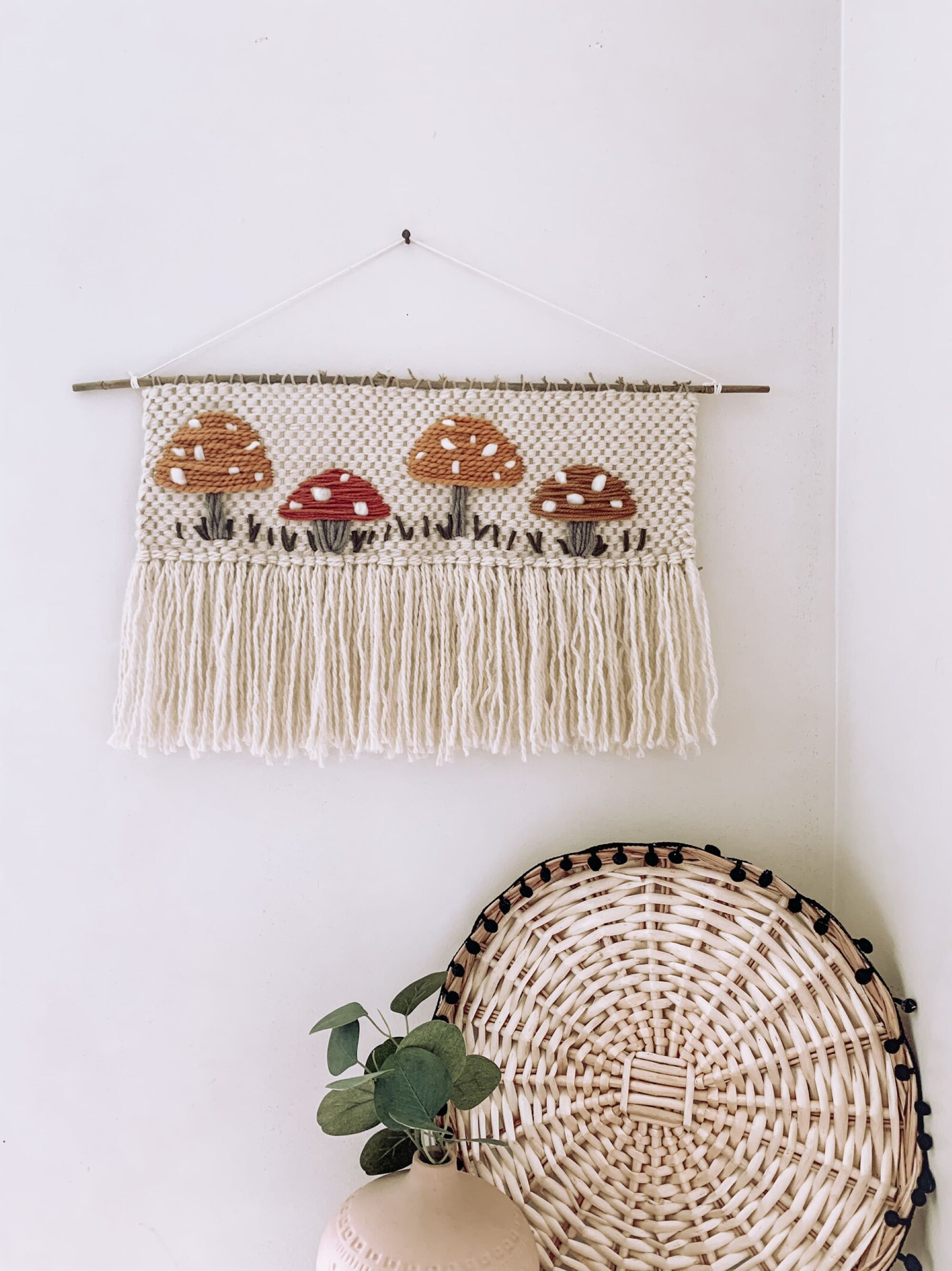 Woven Wall Hanging Decor - Handmade Boho Mushroom Embroidery ...