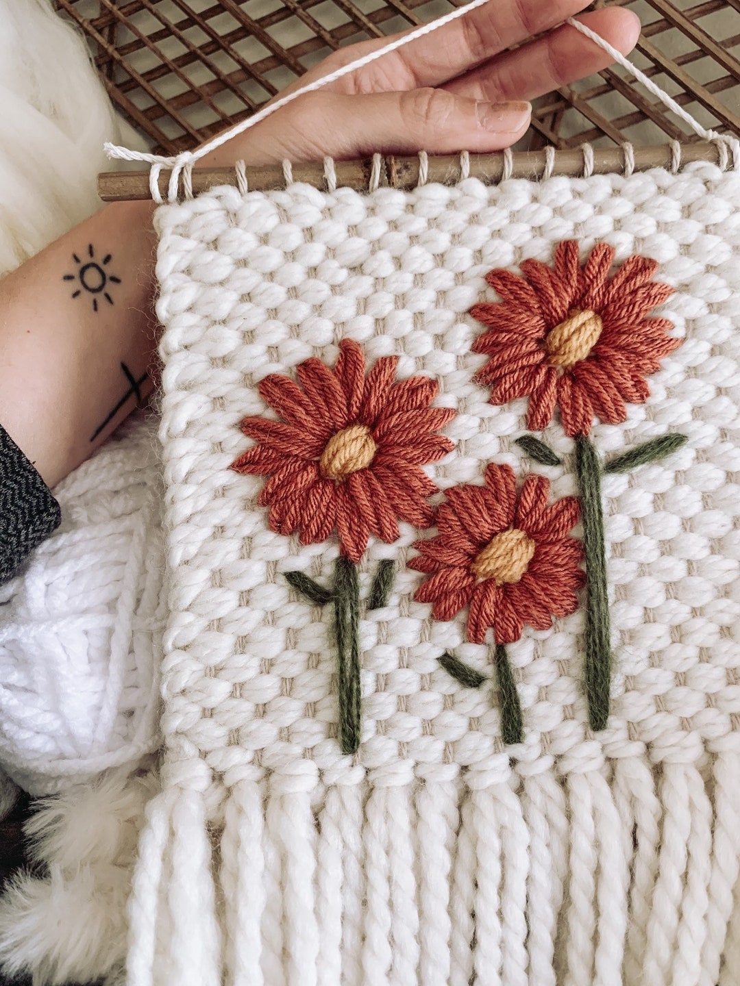 Daisy Woven Wall Hanging Embroidery Decor Handmade Fiber Art Boho ...