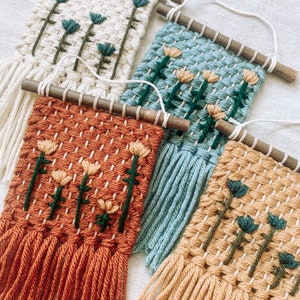 Flower Tulip Woven Embroidered Macrame Wall Hanging Decor - Handmade Fiber Art - Nursey Living Room Bedroom - Boho Gift - Hippie & Fringe