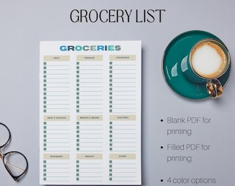 Op de afbeelding: Een printbare boodschappenlijst sjabloon met secties voor fruit, groenten, huishouden, vlees en vis, brood en granen, toiletartikelen, dranken, snacks en andere. De sjabloon is beschikbaar in vier kleur opties.