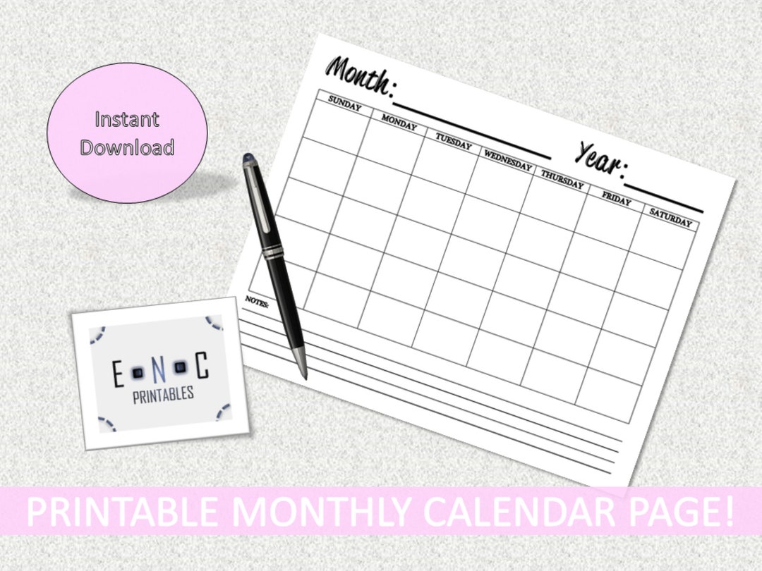 Printable Monthly Blank Calendar Page | PDF, Downloadable Print ...
