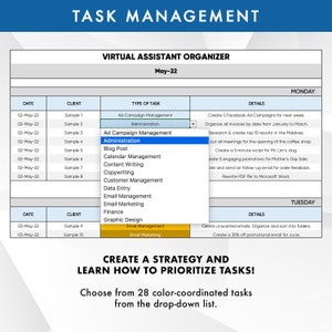 May include: A colourful chart titled "Task Management" and "Virtual Assistant Organiser" with a table listing dates, clients, types of tasks, and details for each task. The chart is divided into two sections, Monday and Tuesday, with a list of tasks for each day. The chart is designed to help virtual assistants organise their work.