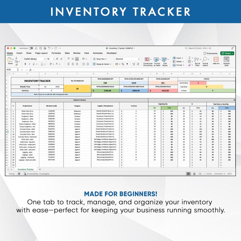 Inventory Tracker: Excel & Google Sheets Spreadsheet Template (instant ...