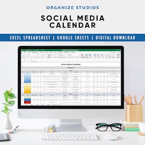 Calendario de redes sociales: Planificador en hojas de cálculo de Excel y Google Sheets (Descarga instantánea)