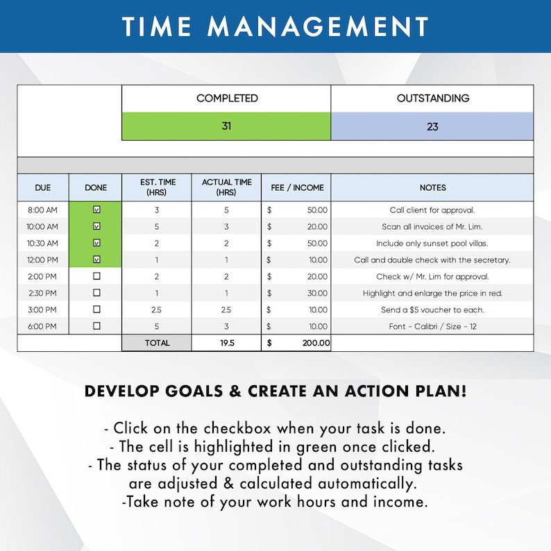 May include: A time management chart with a green bar showing 31 tasks completed and a blue bar showing 23 tasks outstanding. The chart includes a table with columns for due date, done, estimated time, actual time, fee/income, and notes. The table lists tasks with their corresponding estimated and actual time, fee, and notes.