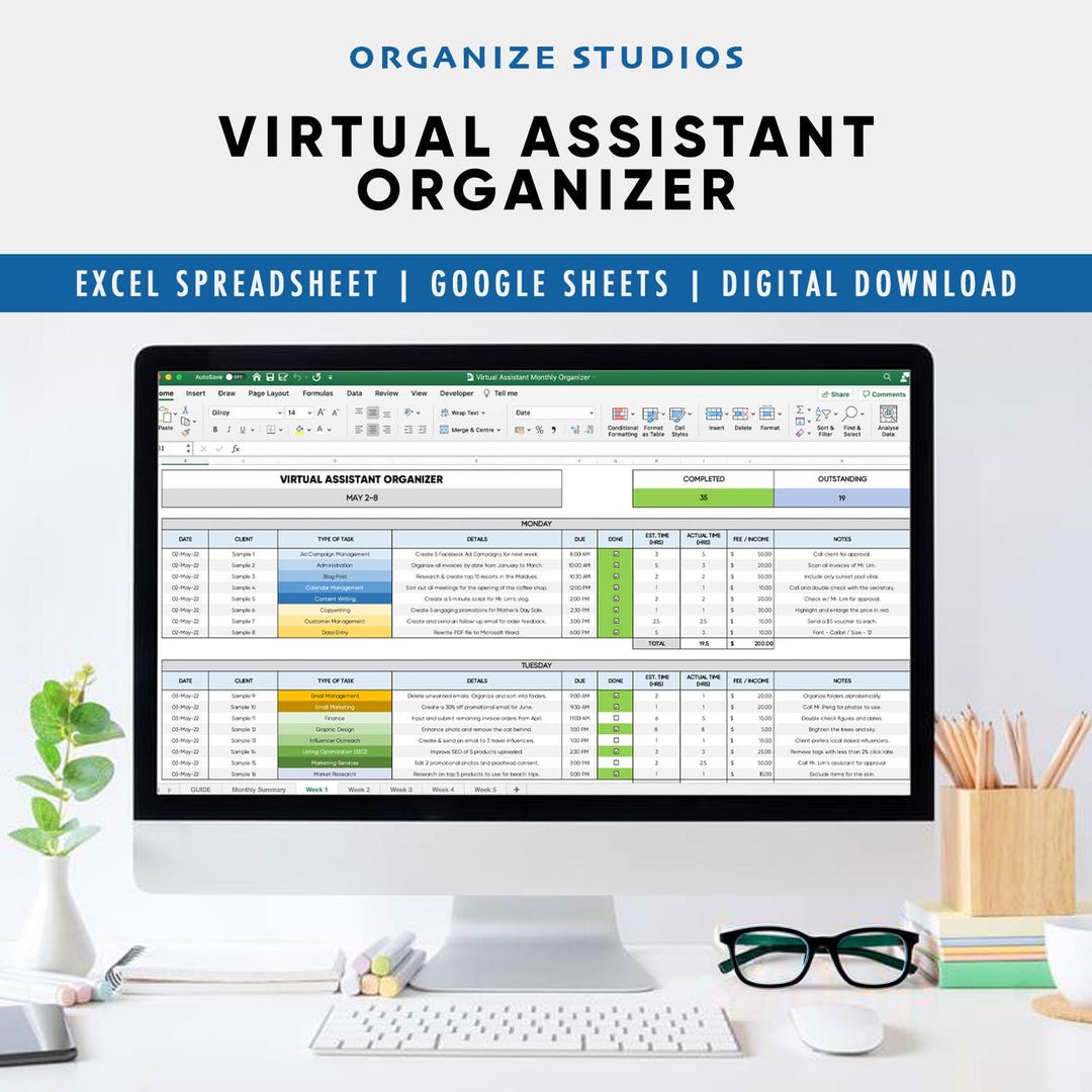 Virtual Assistant Organizer: Excel Google Sheets Spreadsheet