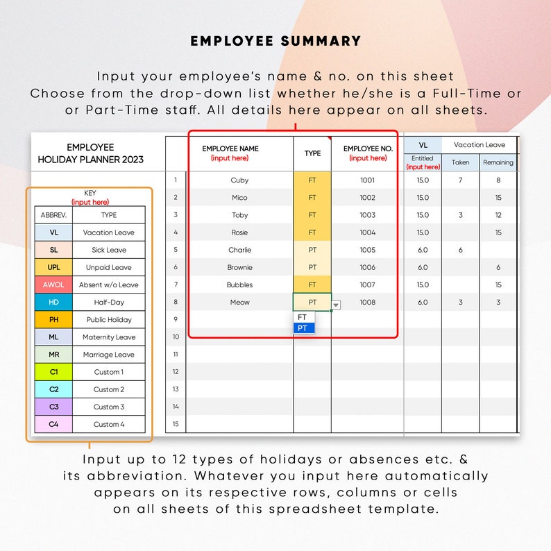 Employee Holiday Planner 2023 Excel Spreadsheet Template Etsy UK
