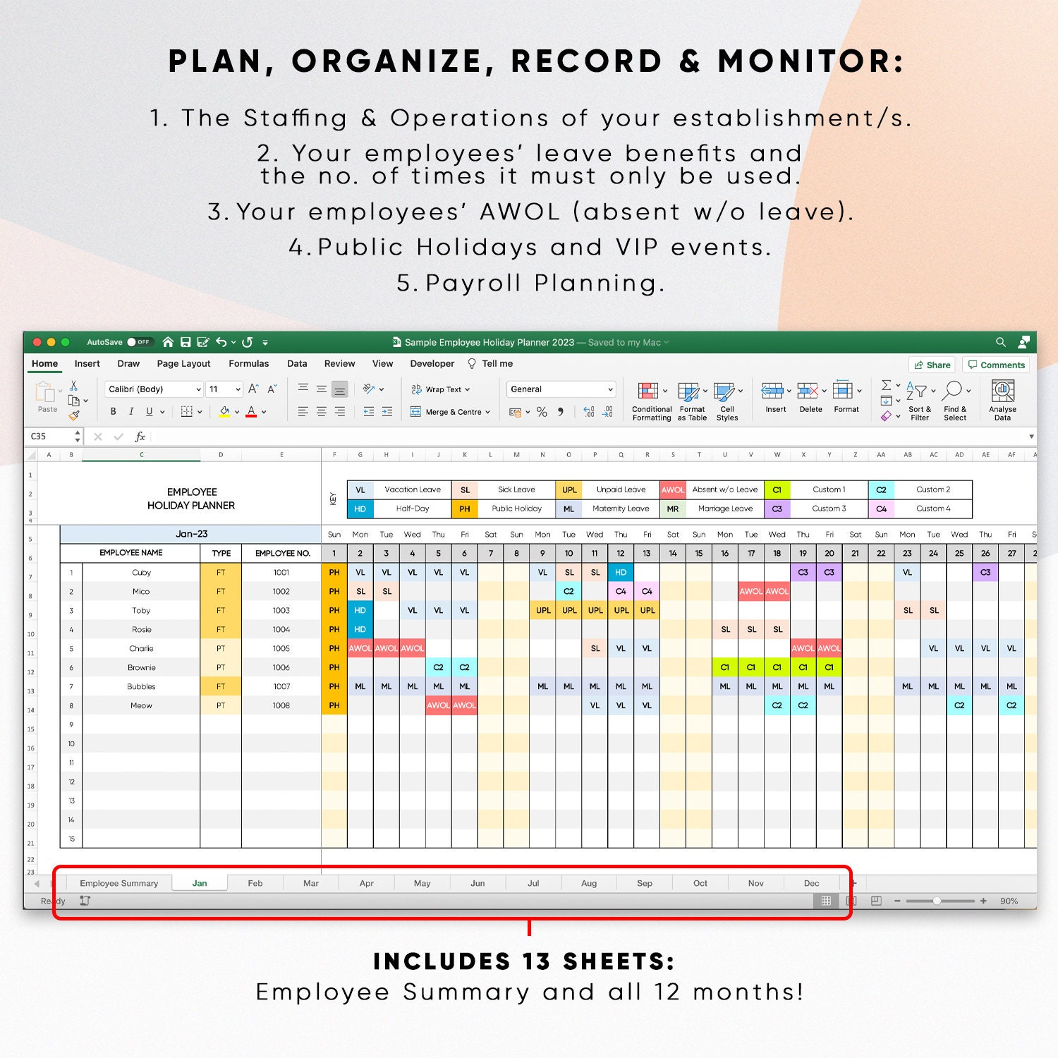 Employee Holiday Planner 2023 Excel Spreadsheet Template - Etsy Singapore