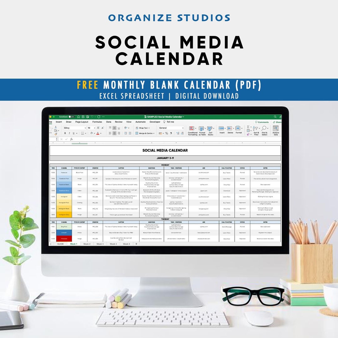Social Media Calendar Excel Spreadsheet Marketing Planner Social Media