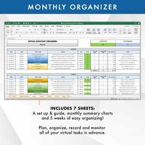May include: A green and white spreadsheet with the title "Monthly Organizer" and the subtitle "Virtual Assistant Monthly Organizer". The spreadsheet is divided into sections for "Completed" and "Outstanding" tasks. The spreadsheet includes columns for "Date", "Client", "Type of Task", "Details", "Due", "Done", "Est Time (Hrs)", "Actual Time (Hrs)", "Income", and "Notes".