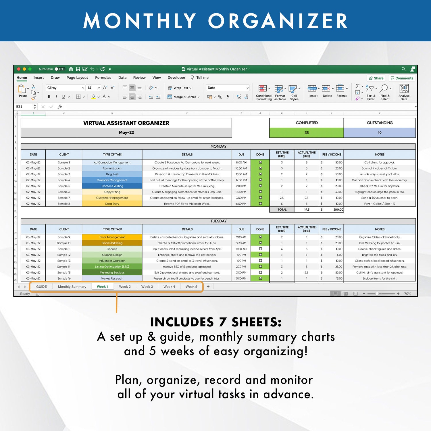 Virtual Assistant Organizer Monthly Weekly Excel Spreadsheet Etsy