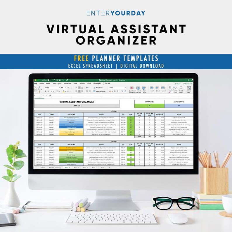 Virtual Assistant Organizer Monthly Weekly Excel Spreadsheet Etsy