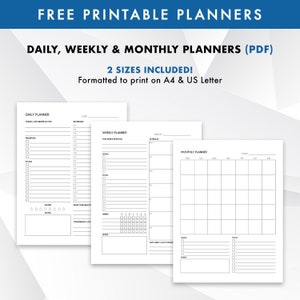 May include: Three printable planner pages, one for daily, one for weekly, and one for monthly planning. Each page has a simple black and white design with lines and boxes for writing. The pages are formatted to print on A4 and US Letter sizes.