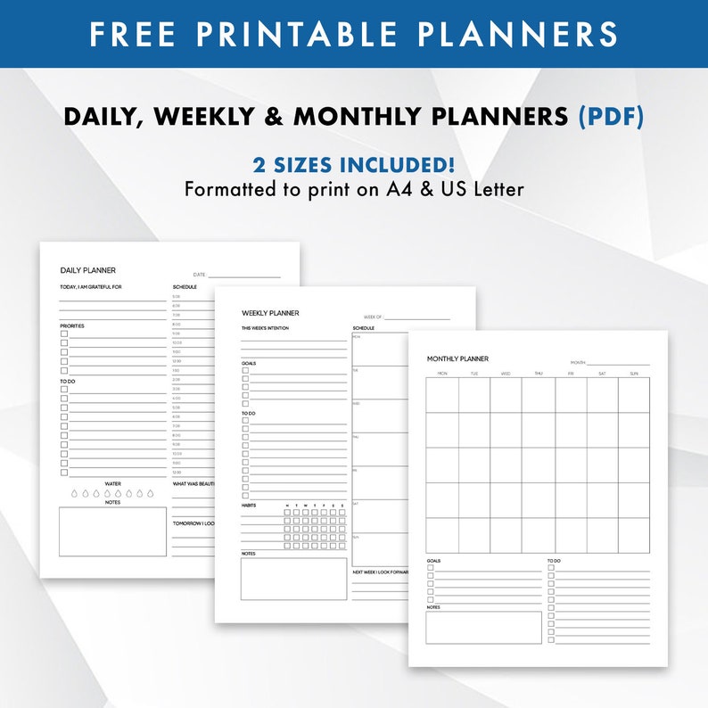 May include: Three printable planner pages, one for daily, one for weekly, and one for monthly planning. Each page has a simple black and white design with lines and boxes for writing. The pages are formatted to print on A4 and US Letter sizes.
