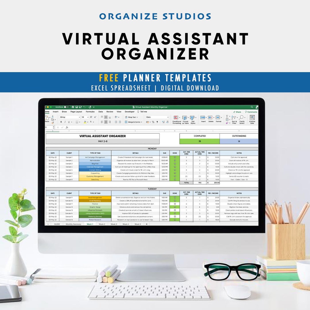 Virtual Assistant Organizer Monthly Weekly Excel Spreadsheet Personal