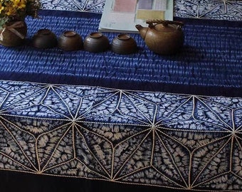 Yunnan Handmade Plant Tie Dye Blue Color Cotton Table Cloth, With Hand String Embroider  Blue Procelin, Four Designs