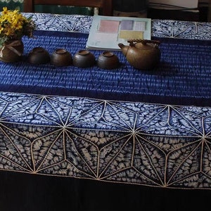 Yunnan Handmade Plant Tie Dye Blue Color Cotton Table Cloth, With Hand String Embroider Blue Procelin, Four Designs image 1