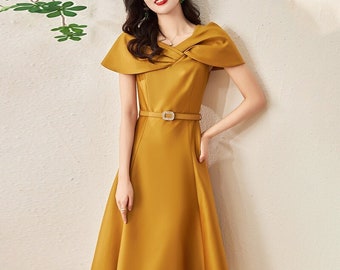 New Design High Quality Herben Style French Woman Dress, Premium Satin Material, Red/Yellow/Black Color, Daily Work & Gown Dress