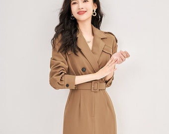 2024 New Design French Herben Style Woman Long Jacket Dress, Premium Material, Woman Winter Dress, Khaki/Pink/Black Colors