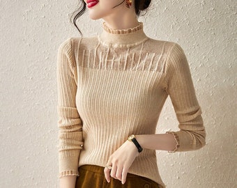 New Design French Herben Style Woman Top, Premium Knitted Material Undershirt, Sexy Turtleneck Top