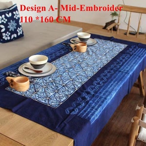 Yunnan Handmade Plant Tie Dye Blue Color Cotton Table Cloth, With Hand String Embroider Blue Procelin, Four Designs image 3