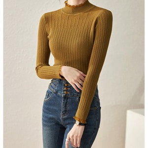 New Design French Herben Style Woman Top, Premium Knitted Material Undershirt, Sexy Turtleneck Top Coffee