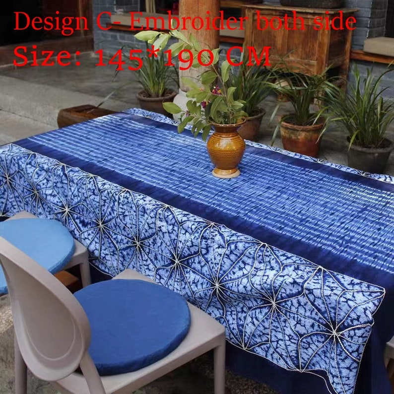 Yunnan Handmade Plant Tie Dye Blue Color Cotton Table Cloth, With Hand String Embroider Blue Procelin, Four Designs image 4