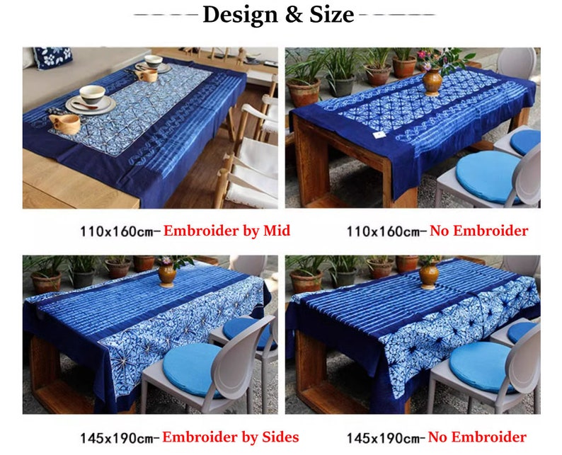Yunnan Handmade Plant Tie Dye Blue Color Cotton Table Cloth, With Hand String Embroider Blue Procelin, Four Designs image 7