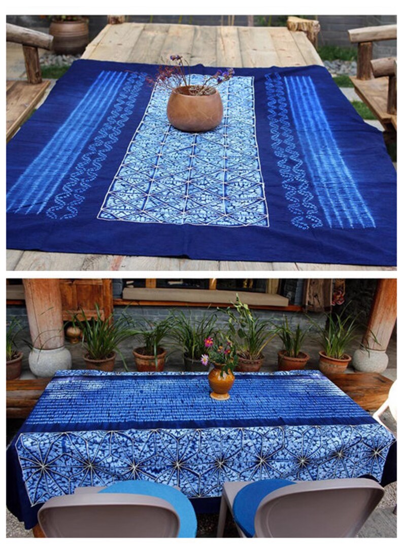 Yunnan Handmade Plant Tie Dye Blue Color Cotton Table Cloth, With Hand String Embroider Blue Procelin, Four Designs image 6