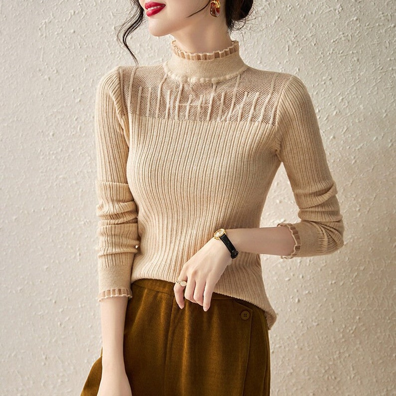 New Design French Herben Style Woman Top, Premium Knitted Material Undershirt, Sexy Turtleneck Top Apricot Beige